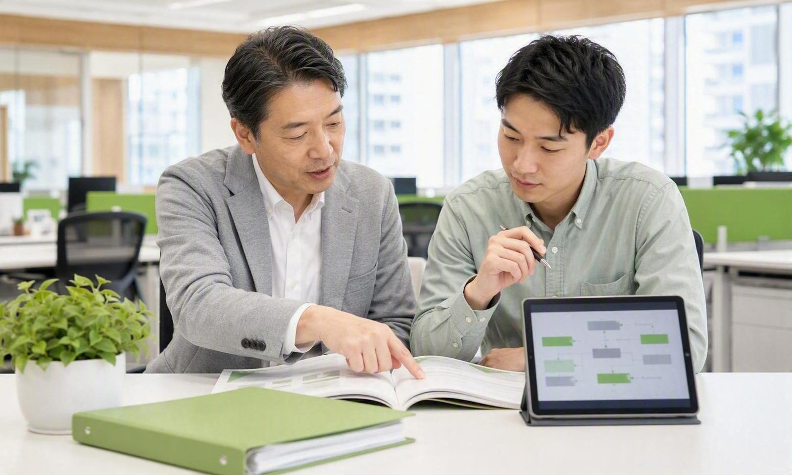 ベテラン社員が若手に手順書を使って教えている様子