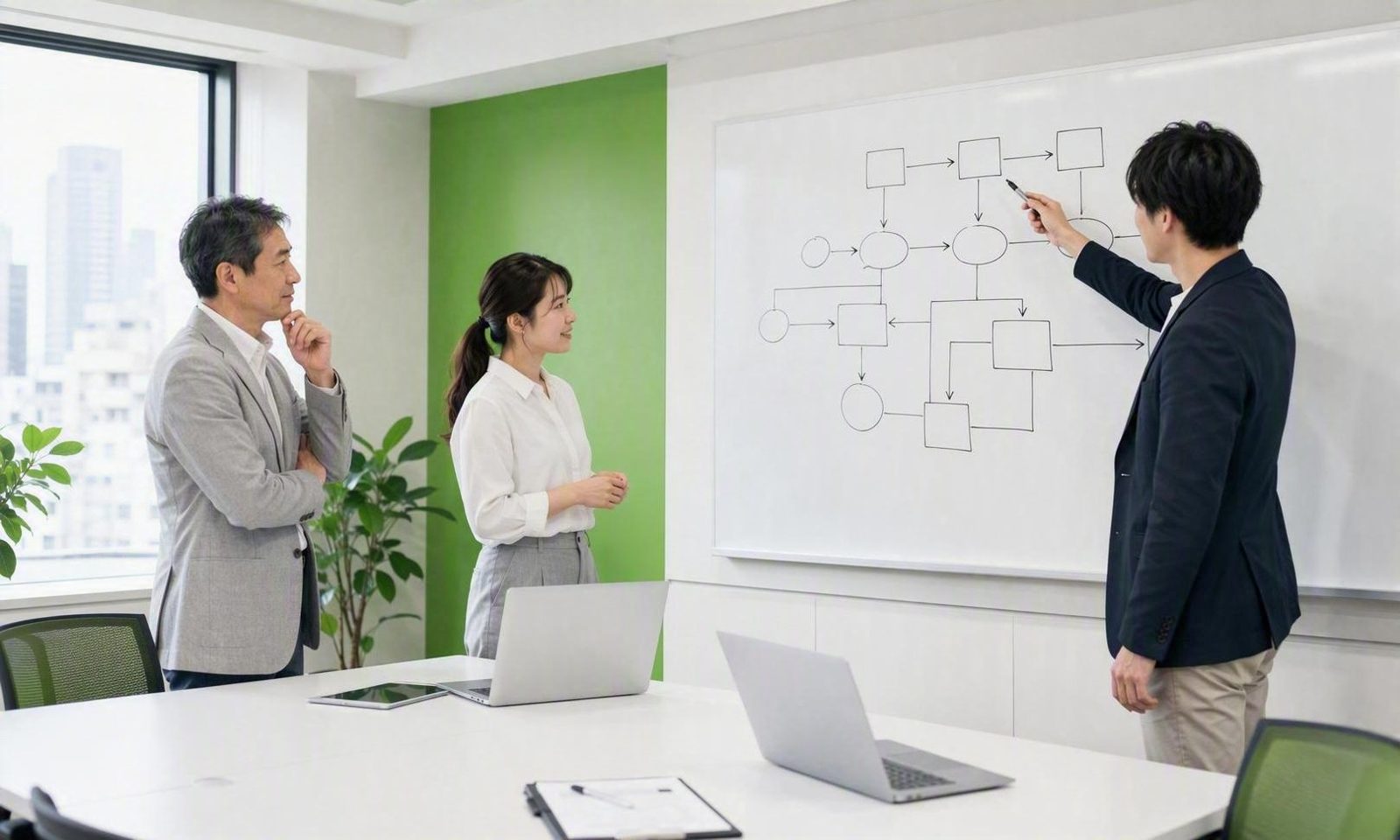 ホワイトボードで業務フローを整理している様子